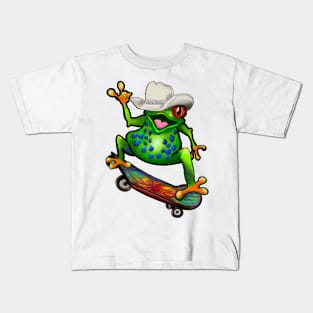 Frog Peace sign tie dye Kawaii Froggy Skateboarding Cute Frog Texas cowboy hat Funny toad toads amphibian tadpole Green Red eyed tree frogs rain forest Lizard dragon zoology gift frog Kids T-Shirt